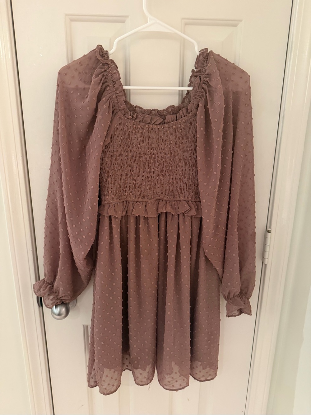 Mauve Swiss Dot Smocked Bodice Babydoll Dress